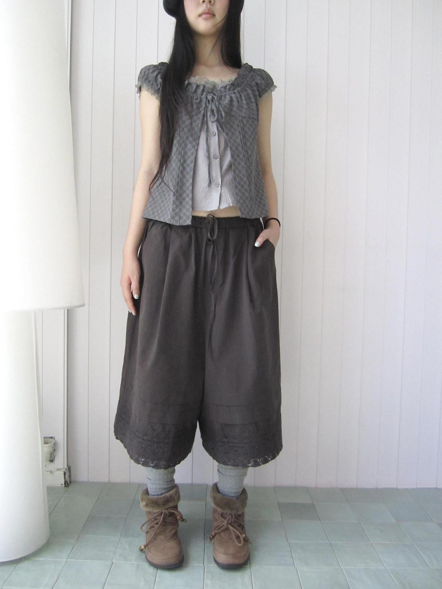 ang project Vintage Pleated Lace Elastic Waist Women&