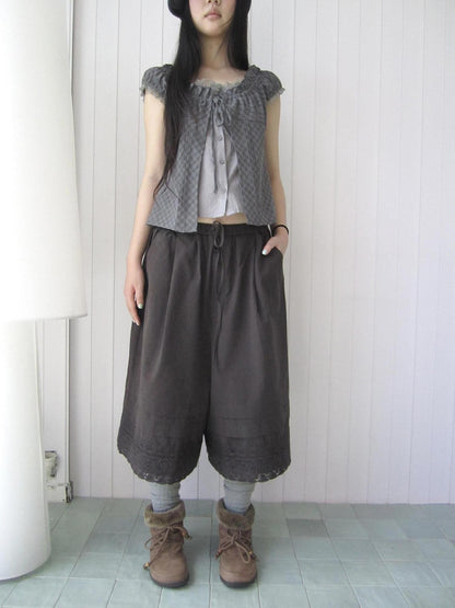 ang project Vintage Pleated Lace Elastic Waist Women&