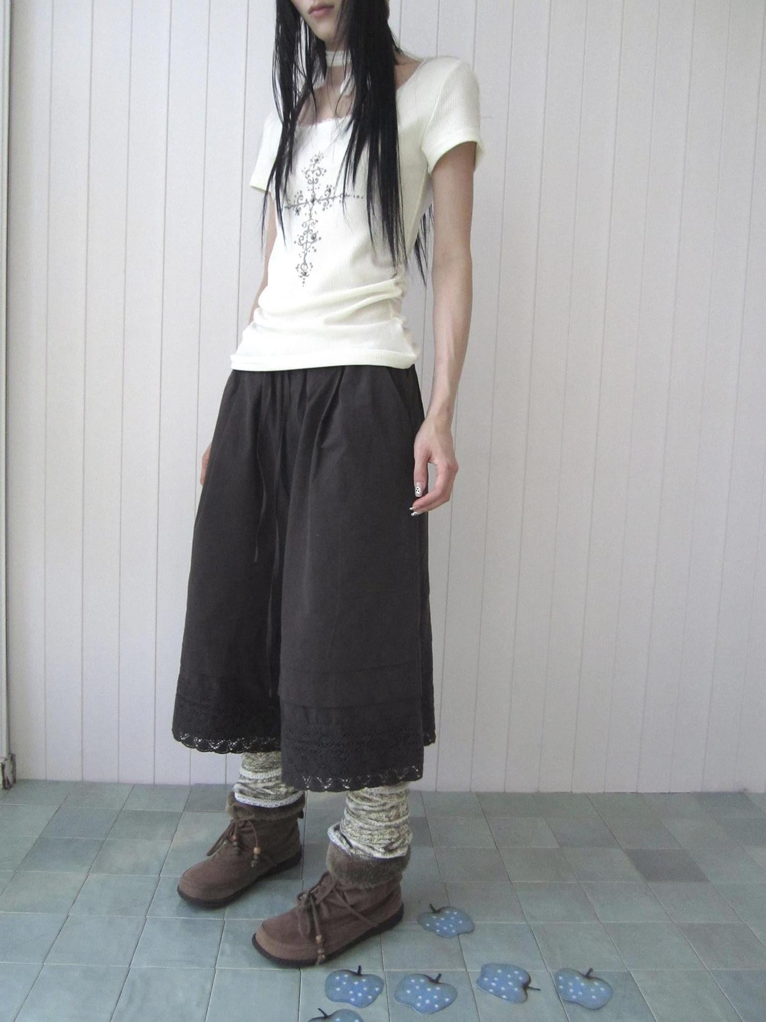 ang project Vintage Pleated Lace Elastic Waist Women&