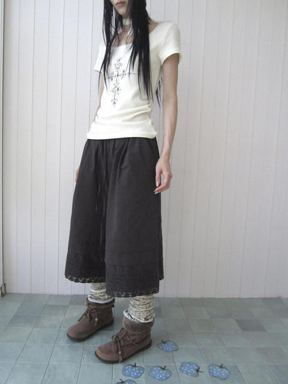 ang project Vintage Pleated Lace Elastic Waist Women&