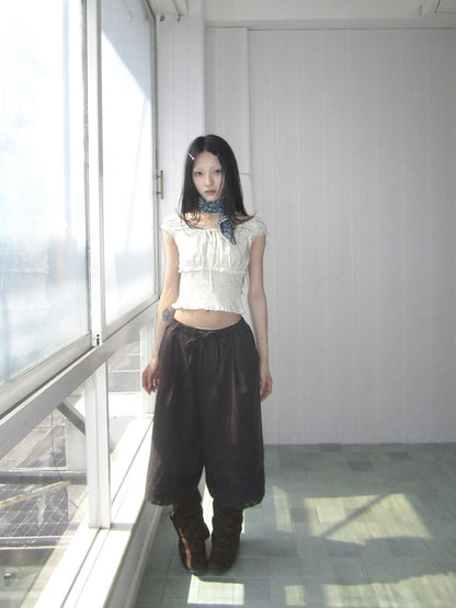 ang project Vintage Pleated Lace Elastic Waist Women&