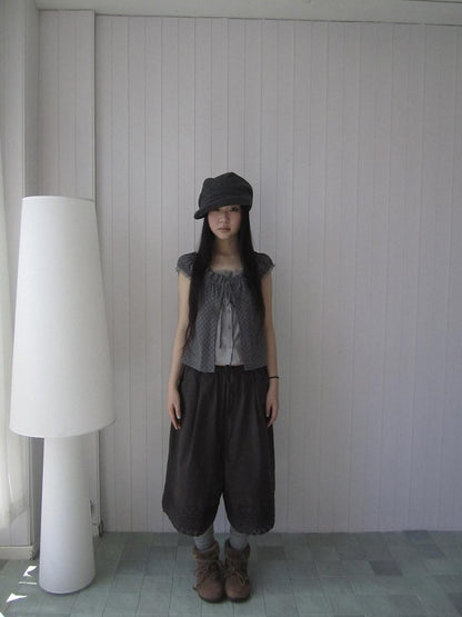 ang project Vintage Pleated Lace Elastic Waist Women&