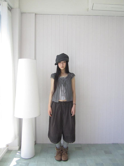 ang project Vintage Pleated Lace Elastic Waist Women&