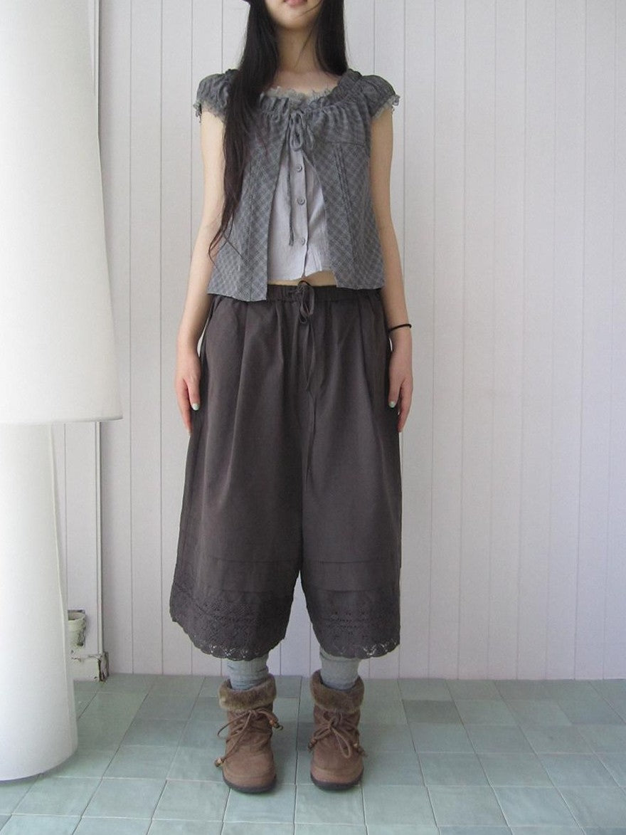 ang project Vintage Pleated Lace Elastic Waist Women&