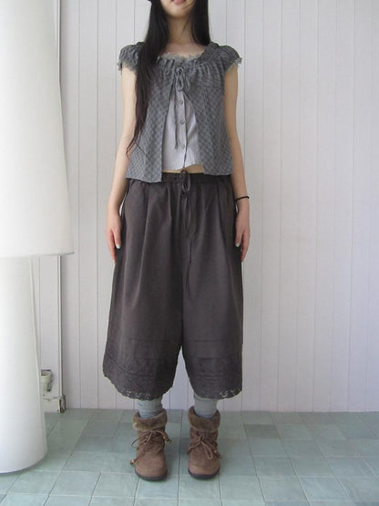 ang project Vintage Pleated Lace Elastic Waist Women&