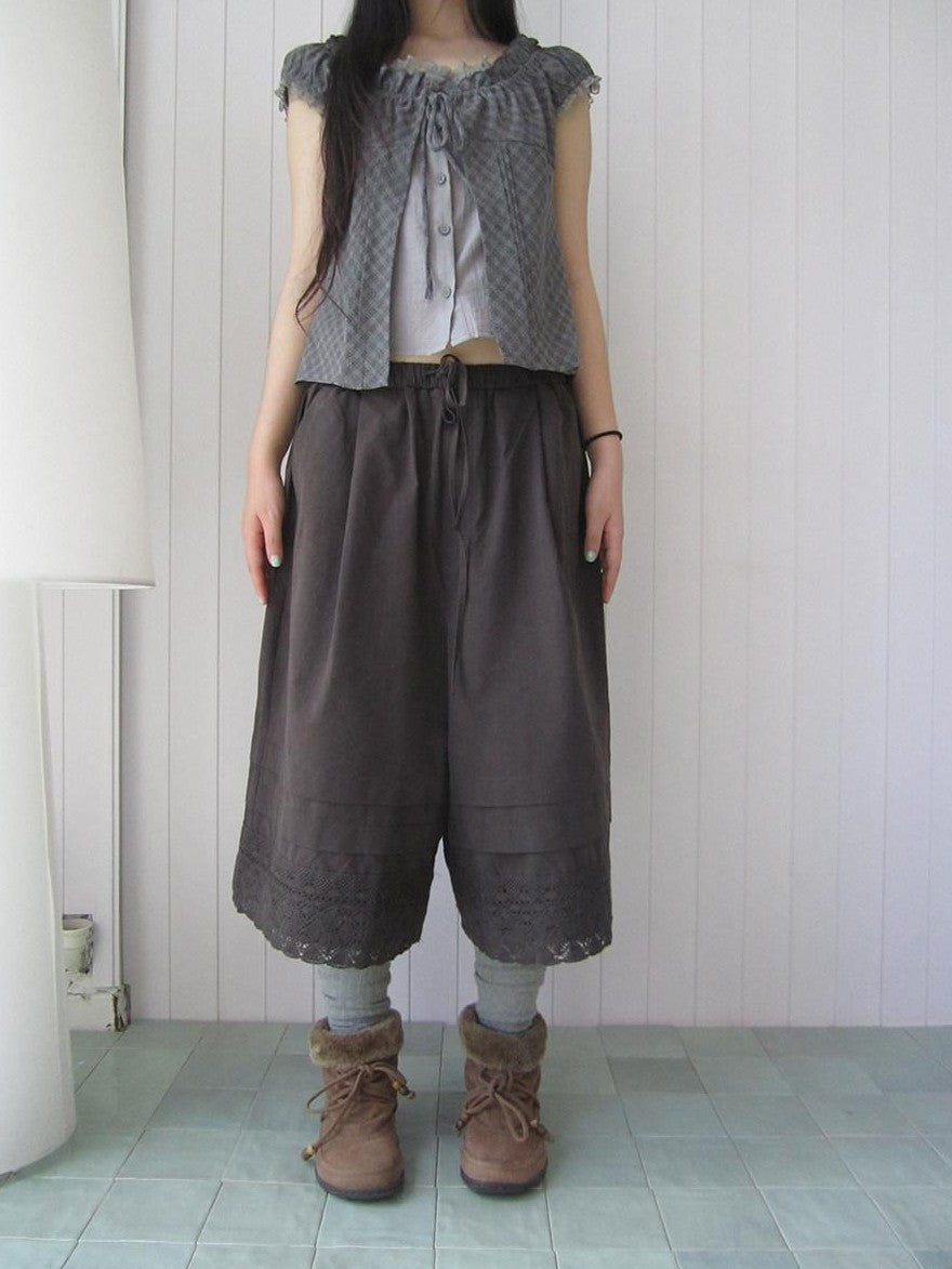 ang project Vintage Pleated Lace Elastic Waist Women&