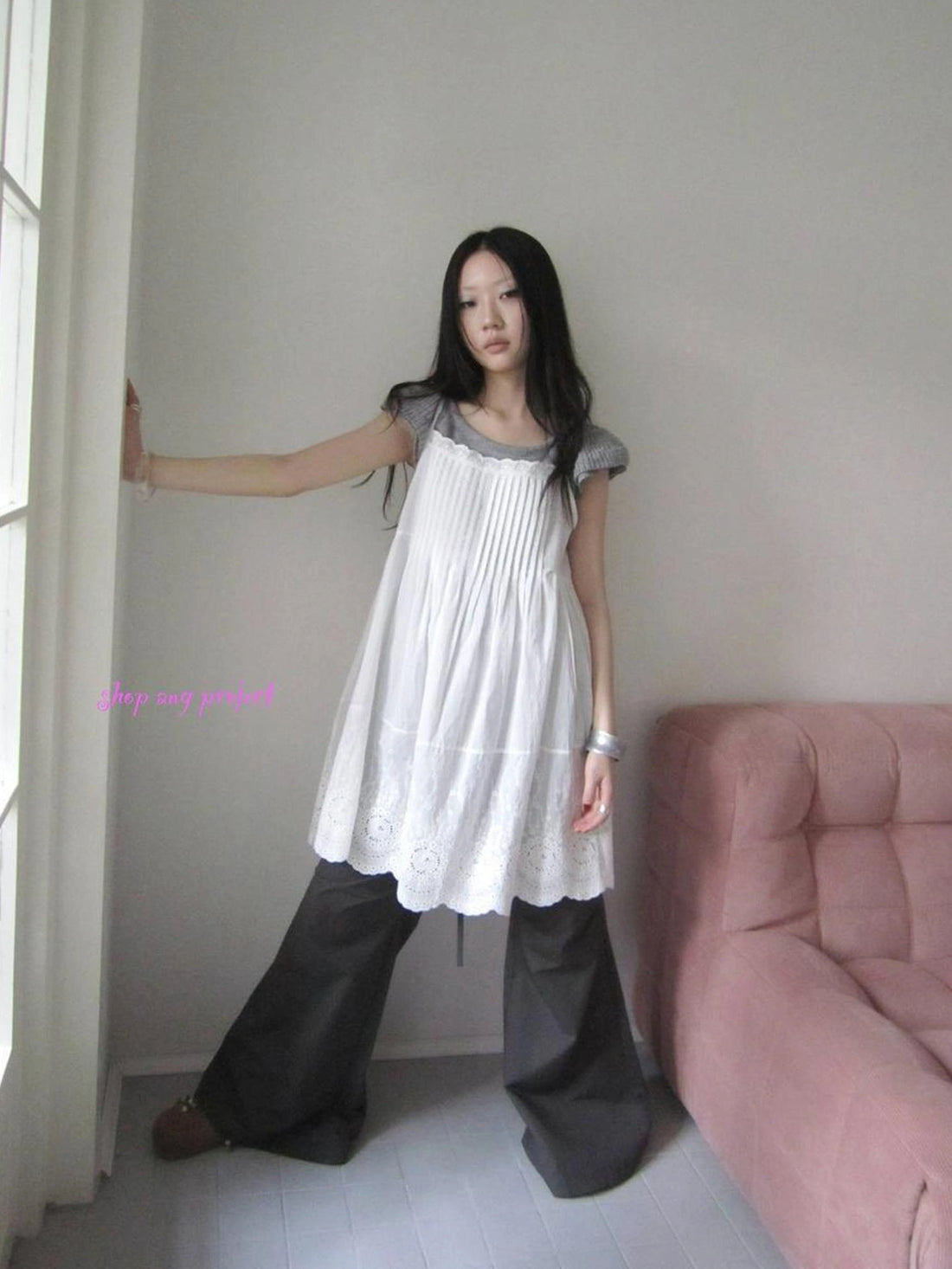 Vintage Pleated Lace Slip Dress Dresses