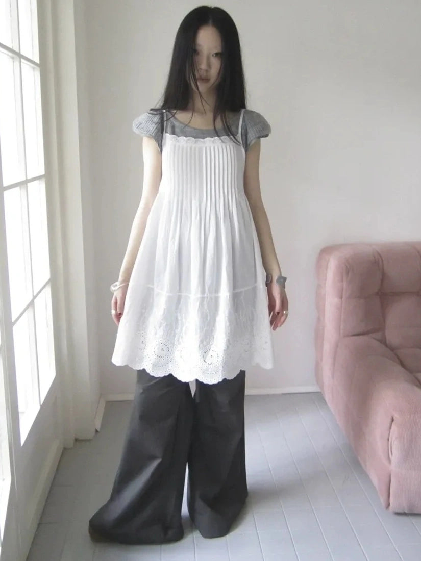 ang project Vintage Pleated Lace Slip Dress Dresses