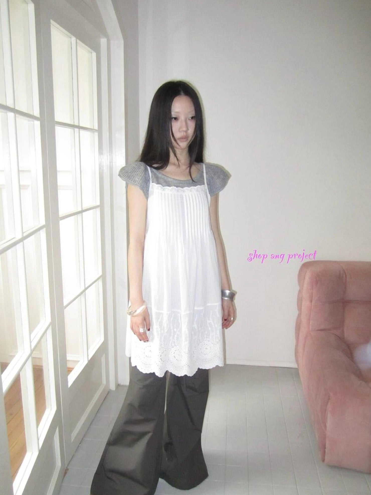 ang project Vintage Pleated Lace Slip Dress Dresses