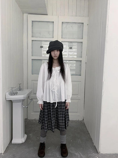 ang project Vintage Pleated Lace Trim Blouse With Lantern Sleeves Shirts