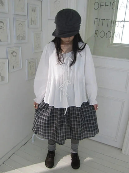 ang project Vintage Pleated Lace Trim Blouse With Lantern Sleeves Shirts