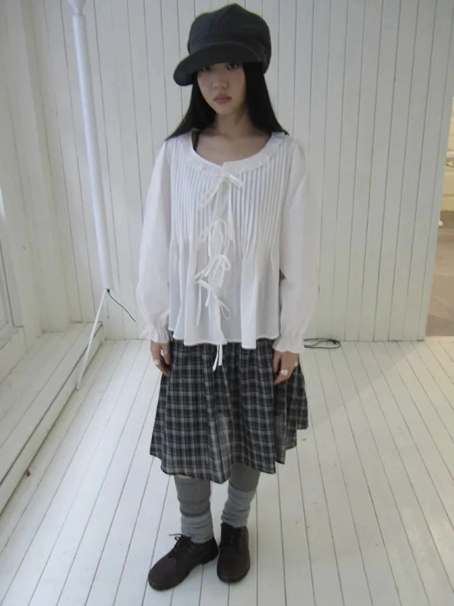 ang project Vintage Pleated Lace Trim Blouse With Lantern Sleeves Shirts