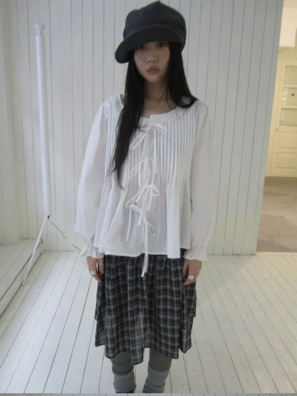 ang project Vintage Pleated Lace Trim Blouse With Lantern Sleeves Shirts