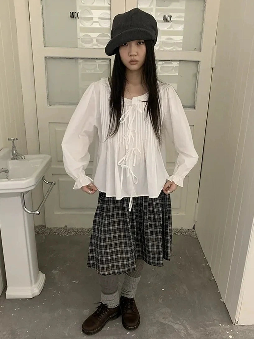 ang project Vintage Pleated Lace Trim Blouse With Lantern Sleeves Shirts