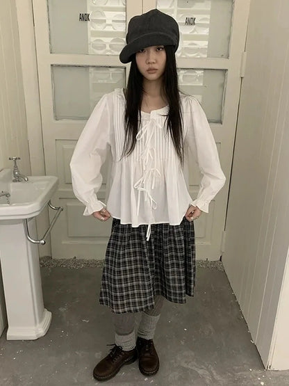 ang project Vintage Pleated Lace Trim Blouse With Lantern Sleeves Shirts