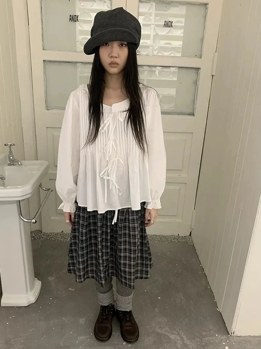 ang project Vintage Pleated Lace Trim Blouse With Lantern Sleeves Shirts