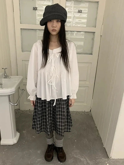 ang project Vintage Pleated Lace Trim Blouse With Lantern Sleeves Shirts