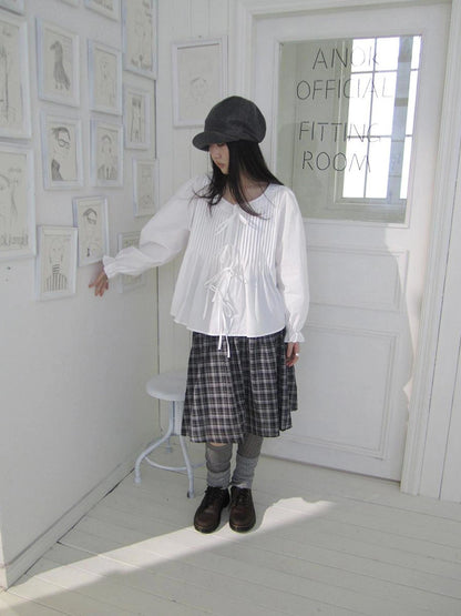 ang project Vintage Pleated Lace Trim Blouse With Lantern Sleeves Shirts