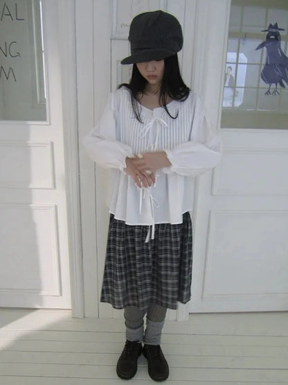 ang project Vintage Pleated Lace Trim Blouse With Lantern Sleeves Shirts