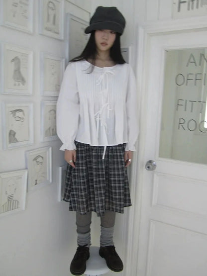 ang project Vintage Pleated Lace Trim Blouse With Lantern Sleeves Shirts