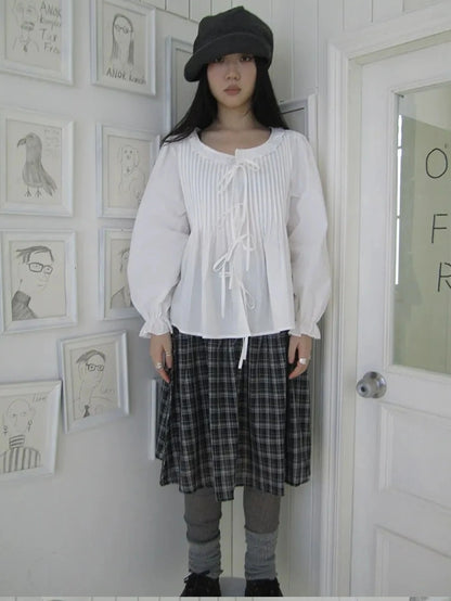 ang project Vintage Pleated Lace Trim Blouse With Lantern Sleeves Shirts