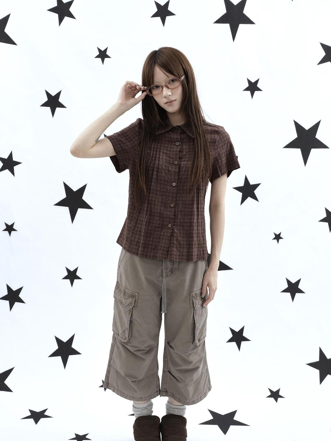 ang project Vintage Pleated Plaid Colorblock Cropped Waist Cinch Women&