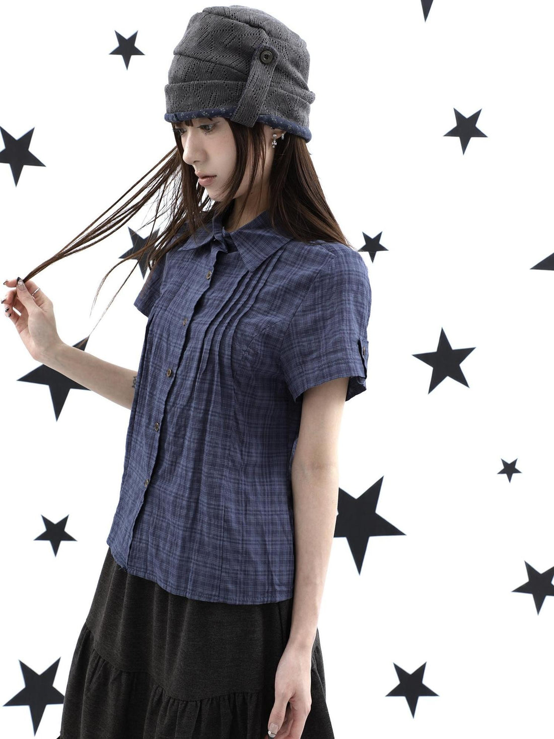 ang project Vintage Pleated Plaid Colorblock Cropped Waist Cinch Women&