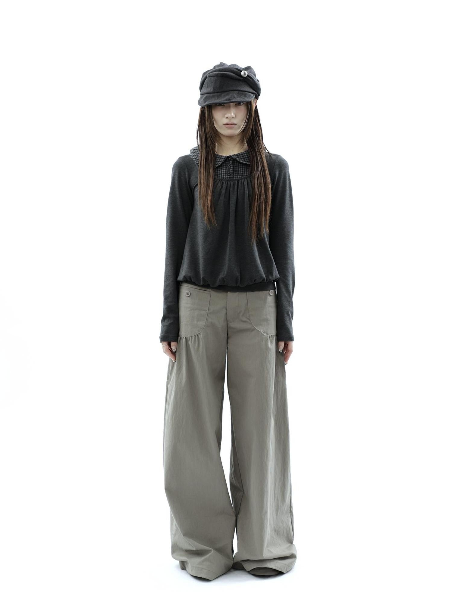 ang project Vintage Pleated Pocket High Waisted Wide Leg Flare Women&