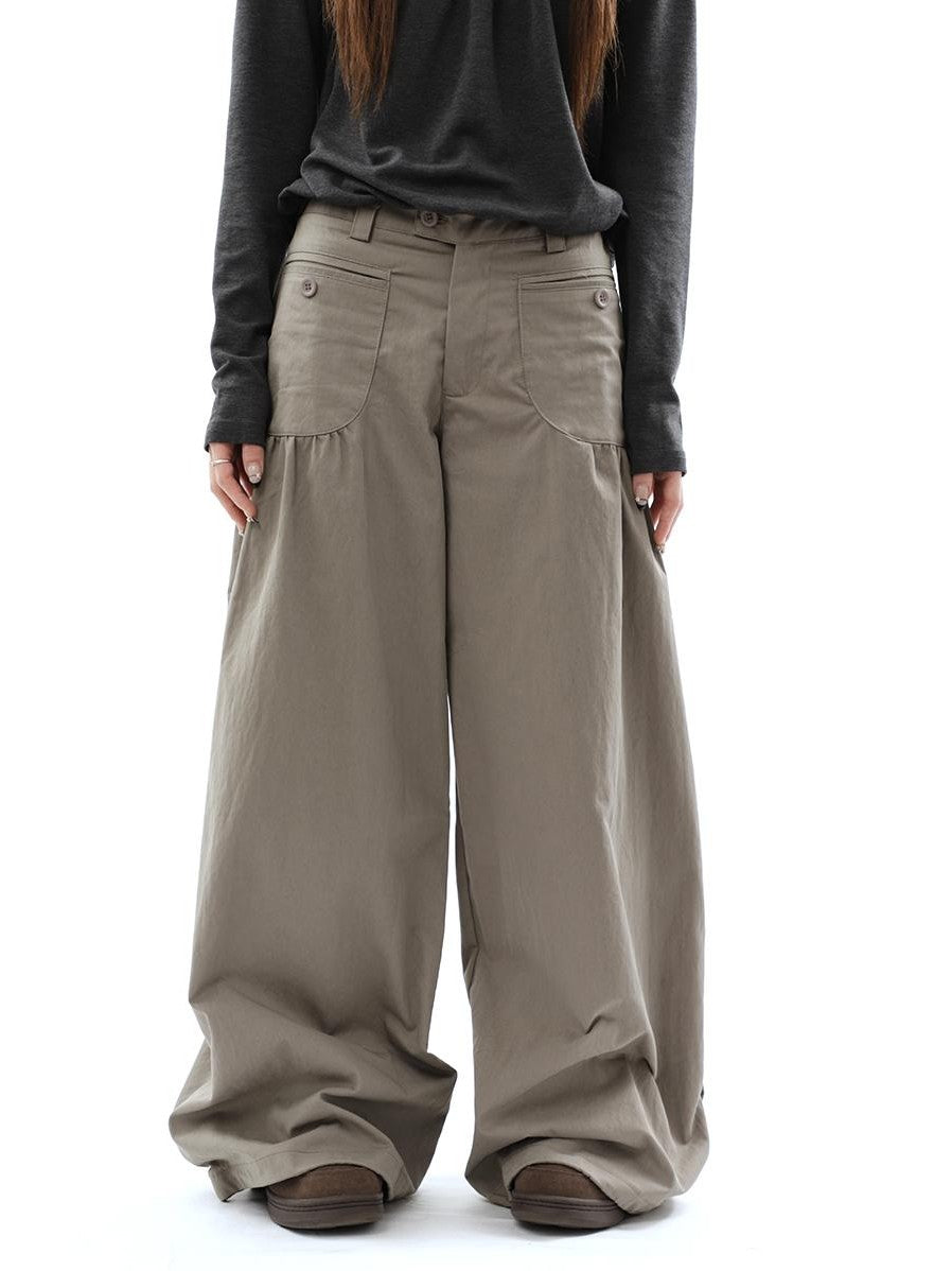 ang project Vintage Pleated Pocket High Waisted Wide Leg Flare Women&
