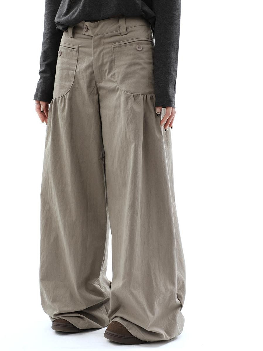 ang project Vintage Pleated Pocket High Waisted Wide Leg Flare Women&