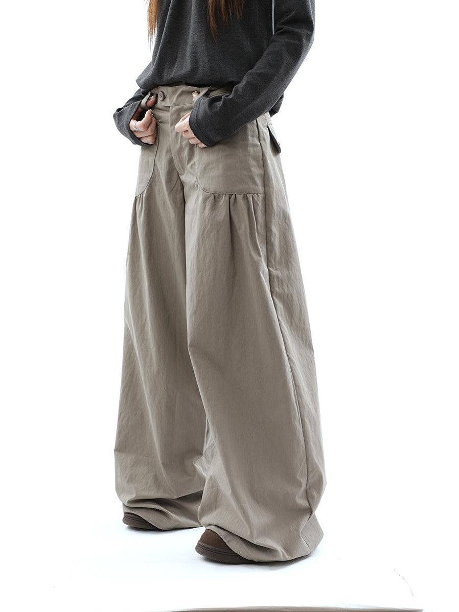 ang project Vintage Pleated Pocket High Waisted Wide Leg Flare Women&