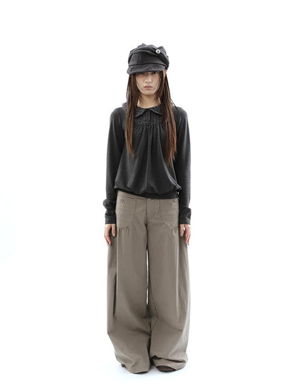 ang project Vintage Pleated Pocket High Waisted Wide Leg Flare Women&