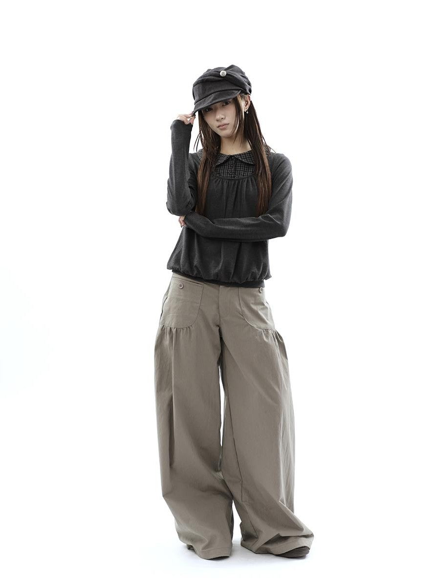 ang project Vintage Pleated Pocket High Waisted Wide Leg Flare Women&