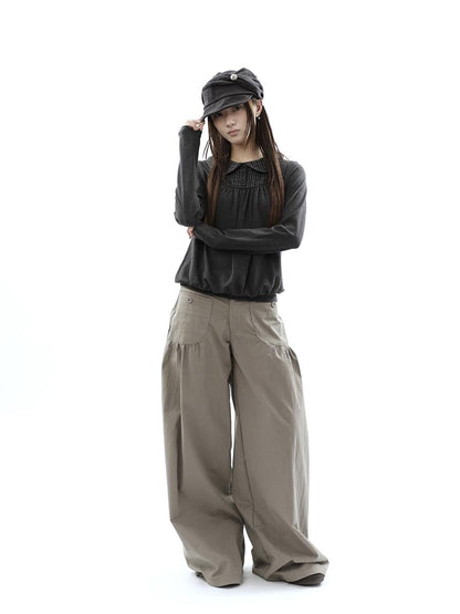 ang project Vintage Pleated Pocket High Waisted Wide Leg Flare Women&