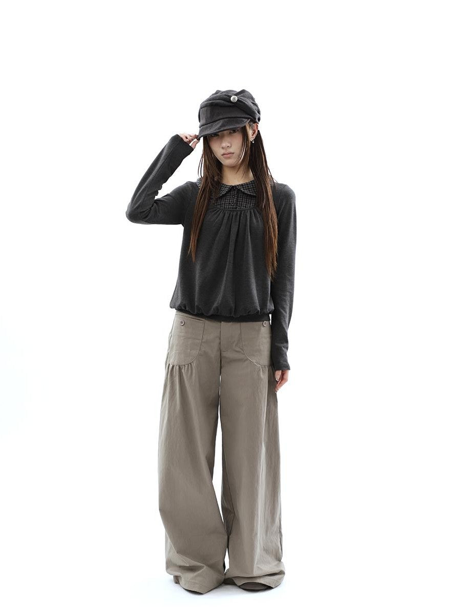 ang project Vintage Pleated Pocket High Waisted Wide Leg Flare Women&