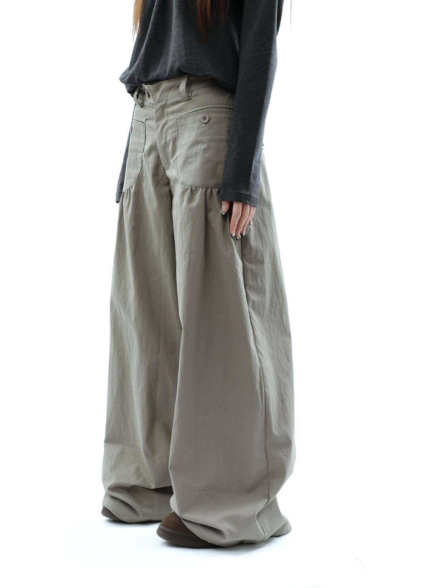ang project Vintage Pleated Pocket High Waisted Wide Leg Flare Women&