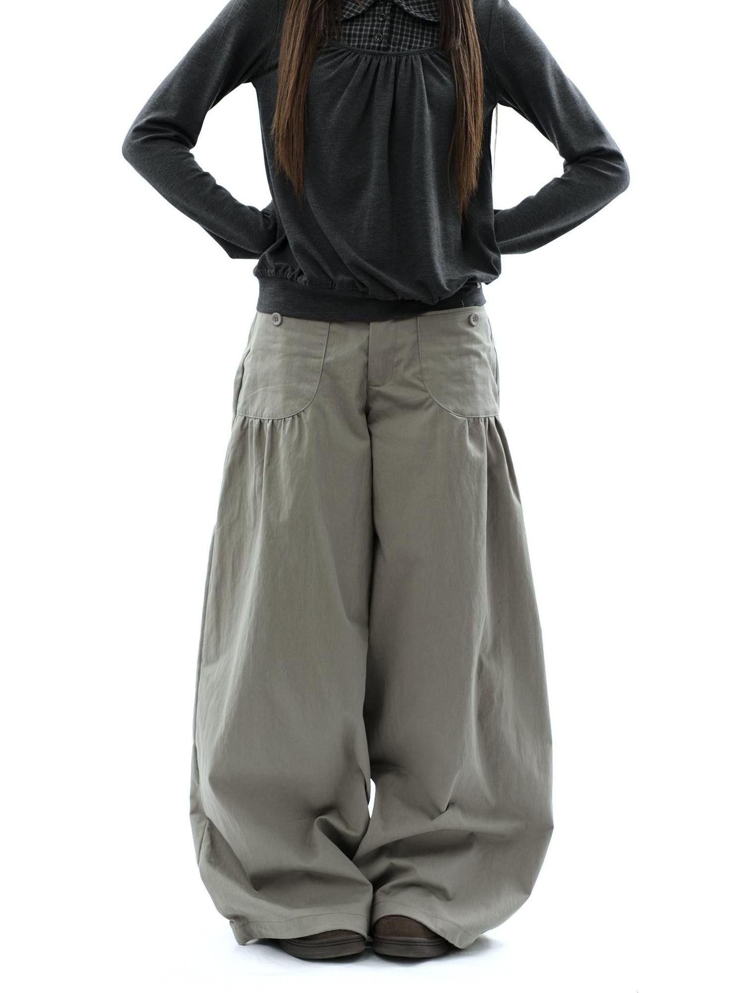 ang project Vintage Pleated Pocket High Waisted Wide Leg Flare Women&