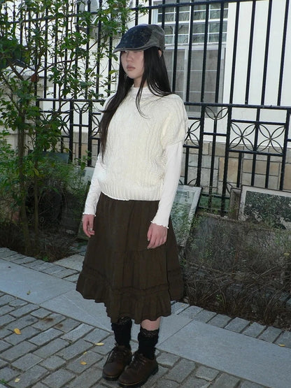 ang project Vintage Pleated Ruffle Hem A Line Skirt Skirt