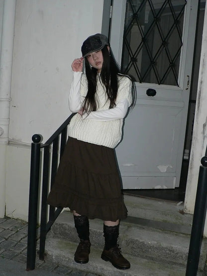 ang project Vintage Pleated Ruffle Hem A Line Skirt Skirt