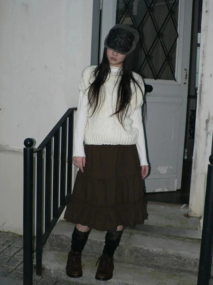 ang project Vintage Pleated Ruffle Hem A Line Skirt Skirt