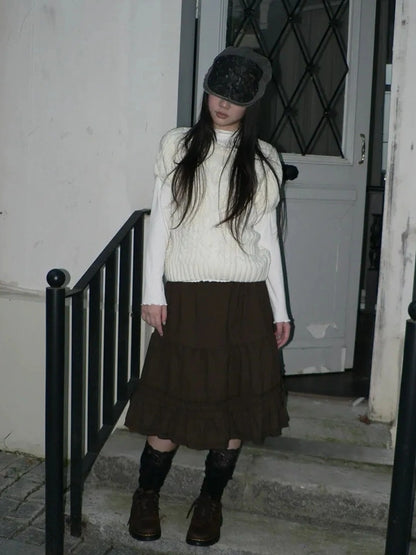 ang project Vintage Pleated Ruffle Hem A Line Skirt Skirt