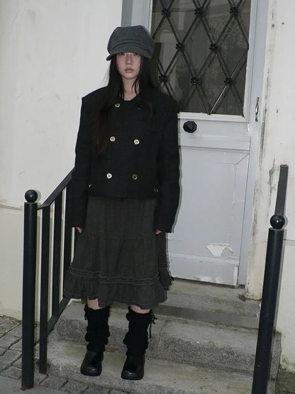 ang project Vintage Pleated Ruffle Hem A Line Skirt Skirt