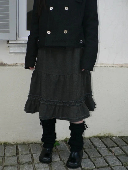 ang project Vintage Pleated Ruffle Hem A Line Skirt Skirt