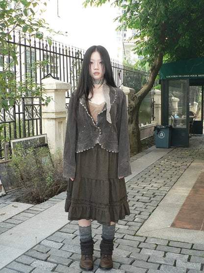 ang project Vintage Pleated Ruffle Hem A Line Skirt Skirt