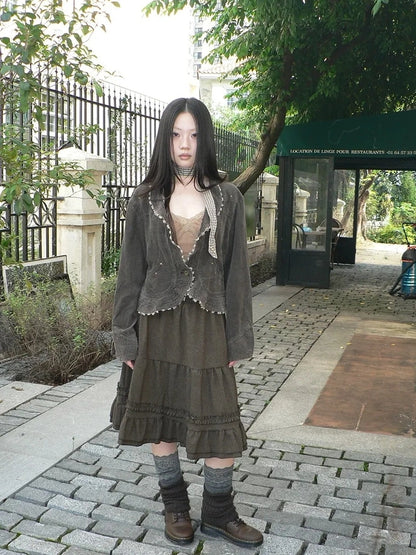 ang project Vintage Pleated Ruffle Hem A Line Skirt Skirt