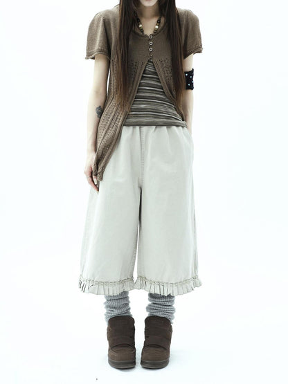 ang project Vintage Pleated Ruffle Hem High Waist Wide Leg Women&