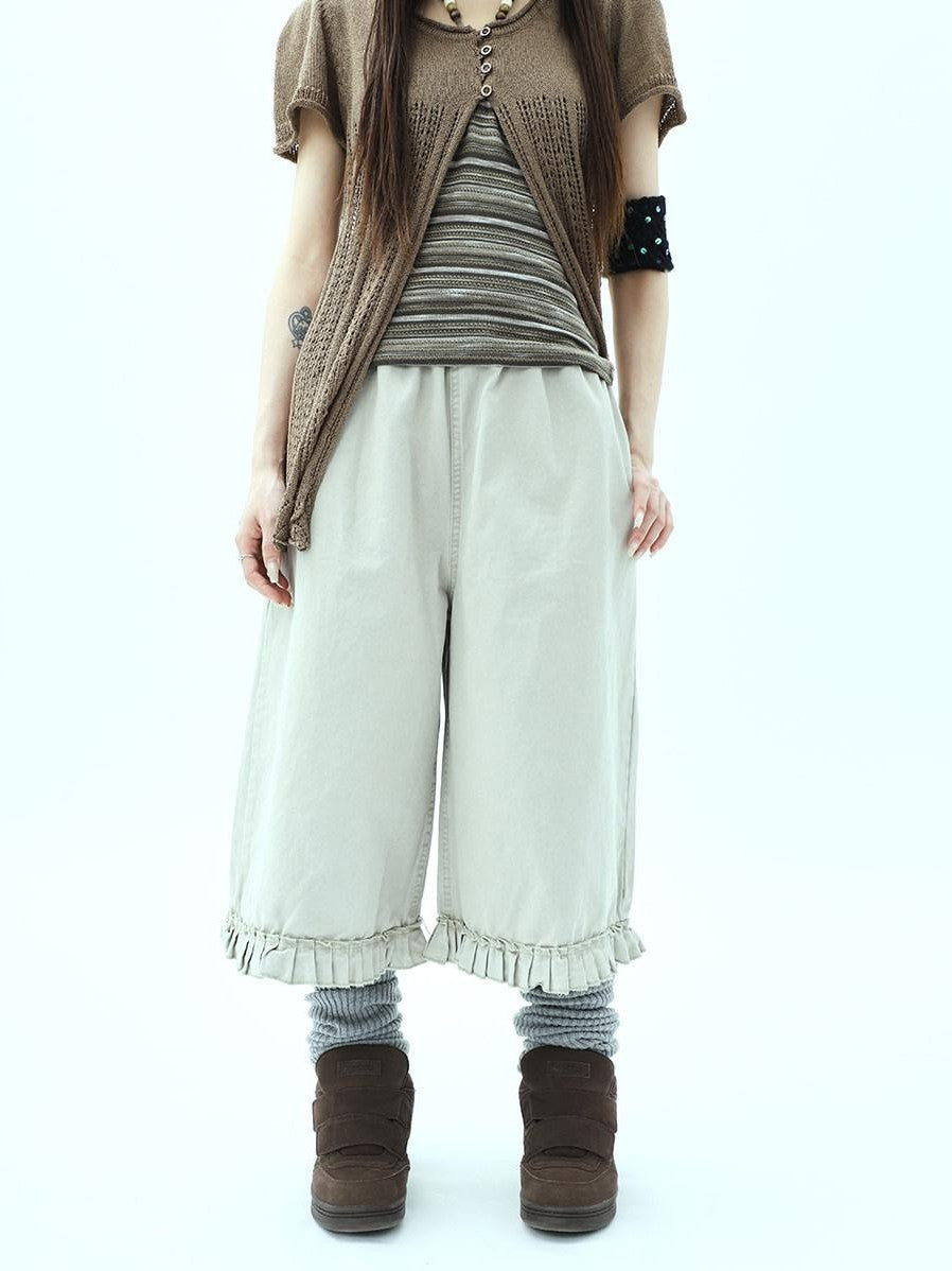 ang project Vintage Pleated Ruffle Hem High Waist Wide Leg Women&