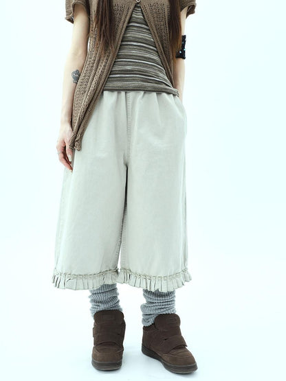 ang project Vintage Pleated Ruffle Hem High Waist Wide Leg Women&