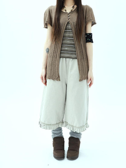 ang project Vintage Pleated Ruffle Hem High Waist Wide Leg Women&
