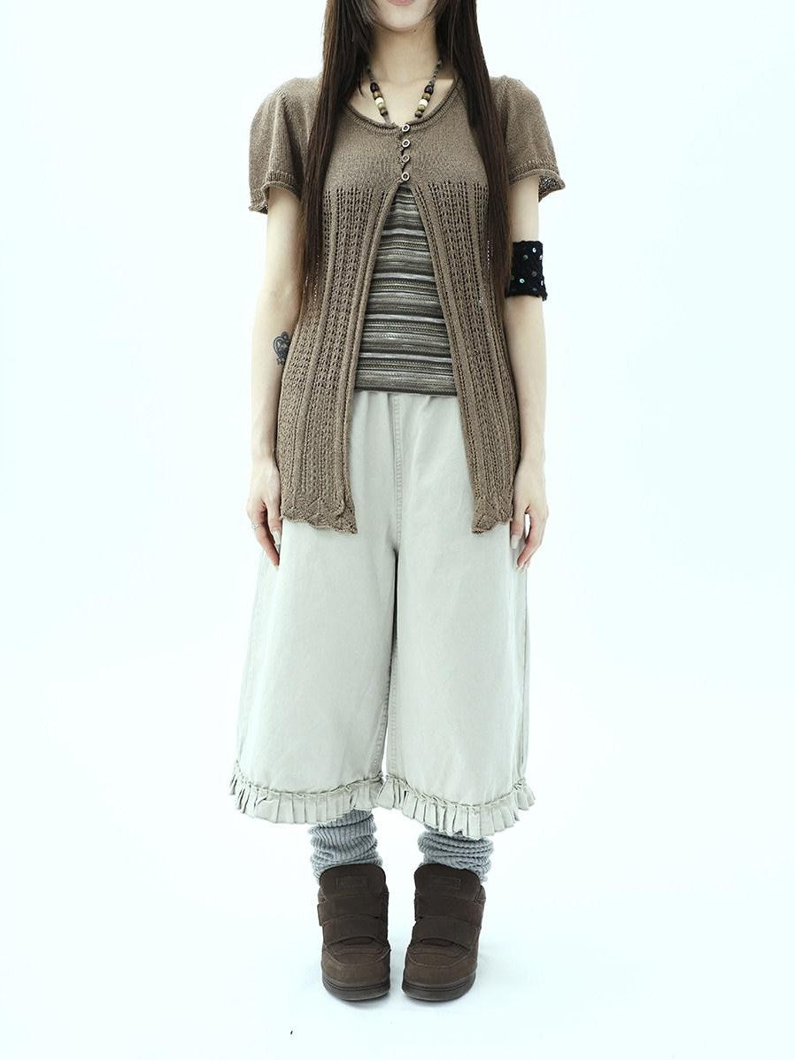 ang project Vintage Pleated Ruffle Hem High Waist Wide Leg Women&